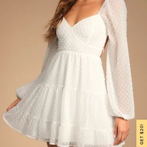 Lulu’s Longing And Love White Swiss Dot Puffed Long Sleeve Mini Dress size Large